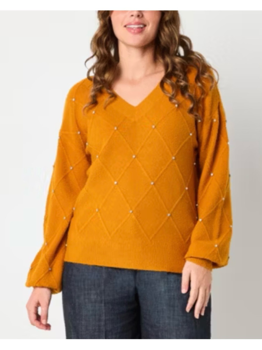 Liz Claiborne V-Neck Diamond Knit Sweater in Mustard